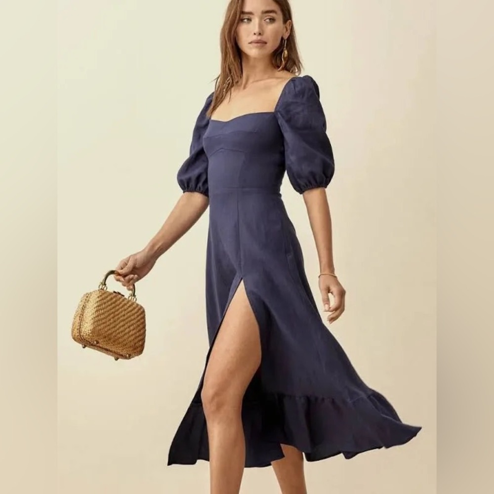 Reformation Belgium Linen Midi Dress in Danube Navy Puff Sleeve Fit Flare Size 4